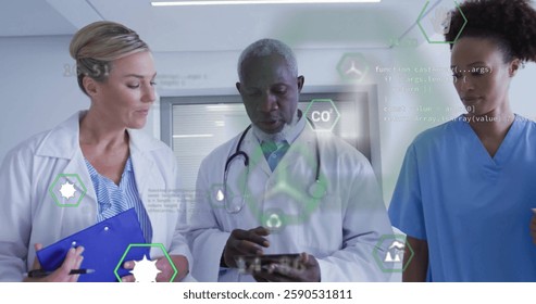 Image of eco icons and data processing over diverse doctors. Global medicine, connections, computing and data processing concept digitally generated image.