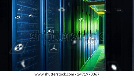 Image of eco icons and data processing over computer servers. Global finance, business, connections, computing and data processing concept digitally generated image.