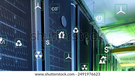 Image of eco icons and data processing over computer servers. Global finance, business, connections, computing and data processing concept digitally generated image.