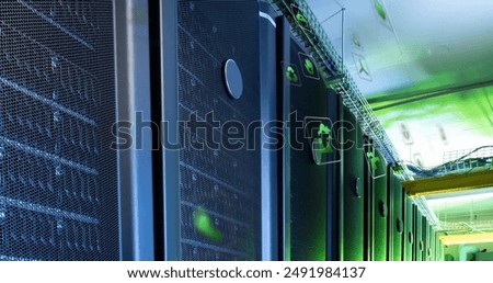 Image of eco icons and data processing over computer servers. Global finance, business, connections, computing and data processing concept digitally generated image.