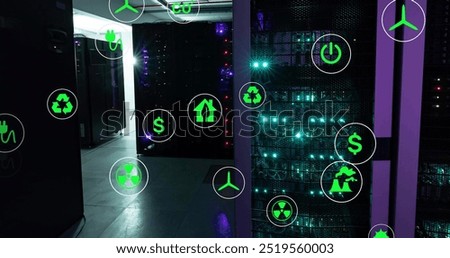 Image of eco icons and data processing over computer servers. Global green energy, connections, computing and data processing concept digitally generated image.
