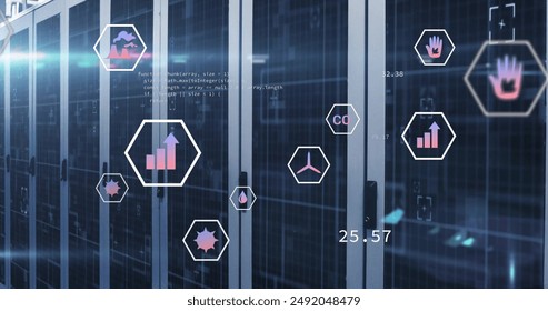 Image of eco icons and digital data processing over computer servers. Global connections, computing and data processing concept digitally generated image.