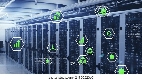 Image of eco icons and digital data processing over computer servers. Global connections, computing and data processing concept digitally generated image. - Powered by Shutterstock