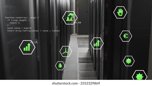 Image of eco icons and digital data processing over computer servers. Global connections, computing and data processing concept digitally generated image.