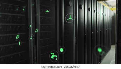 Image of eco icons and digital data processing over computer servers. Global connections, computing and data processing concept digitally generated image.