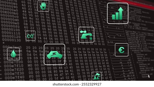 Image of eco icons and digital data processing over computer servers. Global connections, computing and data processing concept digitally generated image.