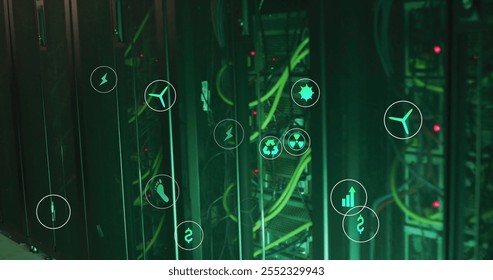 Image of eco icons and digital data processing over computer servers. Global connections, computing and data processing concept digitally generated image.