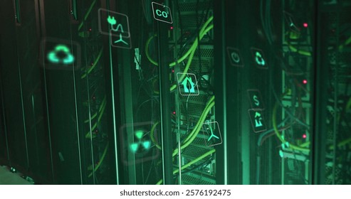 Image of eco icons and digital data processing over computer servers. Global connections, computing and data processing concept digitally generated image. - Powered by Shutterstock - Get 15% off with code: PIKWIZARD15