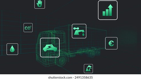 Image of eco icons floating over truck project on black background. Green energy, electric cars, design and technology concept digitally generated image. - Powered by Shutterstock