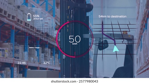 Image of eco icons and speedometer data processing over warehouse. Global shipping, finance, business, connections, computing and data processing concept digitally generated image. - Powered by Shutterstock - Get 15% off with code: PIKWIZARD15