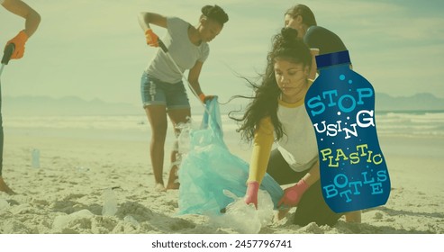Image of ecology icon over diverse volunteers segregating waste. Recycle week, ecology and celebration concept digitally generated image. - Powered by Shutterstock