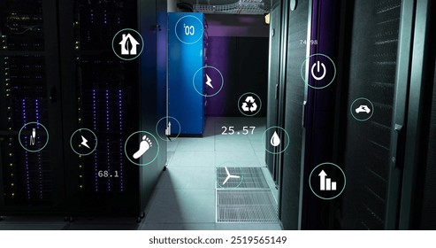 Image of ecology icons and data processing over server room. Global technology, ecology, computing and digital interface concept digitally generated image.