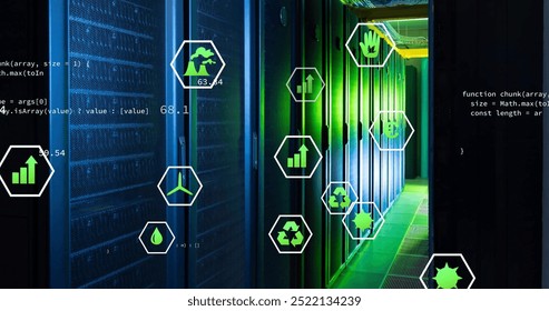 Image of ecology icons and data processing over server room. Global technology, ecology and digital interface concept digitally generated image.