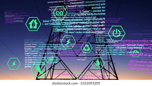 Image of ecology icons and data processing over electric pylon. Network, data, connection, science, energy, ecology, connection and communication, digitally generated image.