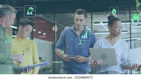 Image of ecology icons and data processing over diverse colleagues discussing work in office. Global business and digital interface concept digitally generated image. - Powered by Shutterstock