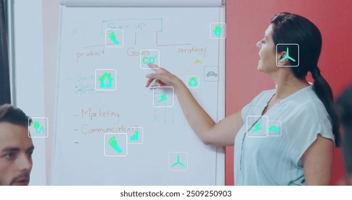 Image of ecology icons over diverse colleagues at meeting in office. Business, technology and digital interface concept digitally generated image. - Powered by Shutterstock