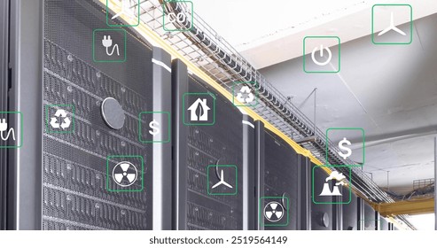 Image of ecology icons over server room. Global technology, ecology, computing and digital interface concept digitally generated image. - Powered by Shutterstock