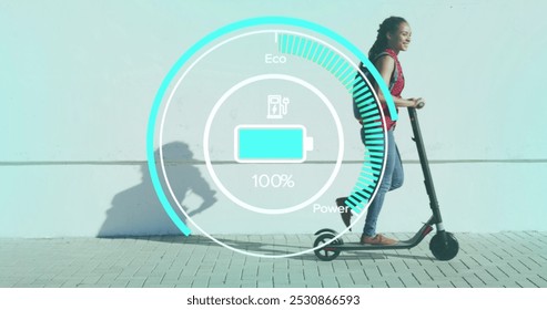 Image of ecology panel over biracial woman riding scooter. health and fitness concept digitally generated image. - Powered by Shutterstock