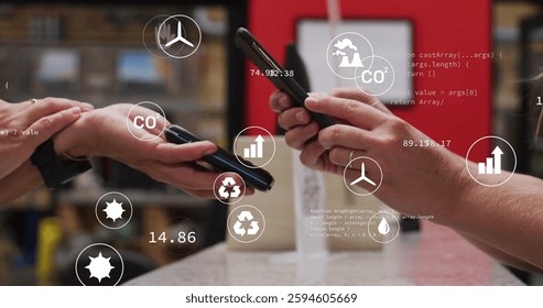 Image of ecology symbols and data processing over diverse people paying with smartphone. Global technology, finances, computing and digital interface concept digitally generated image. - Powered by Shutterstock - Get 15% off with code: PIKWIZARD15