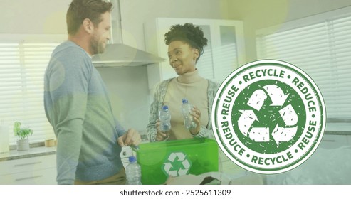 Image of ecology texts with recycling symbol over diverse couple sorting plastic bottles. Lifestyle, ecology, environment and domestic life concept digitally generated image. - Powered by Shutterstock