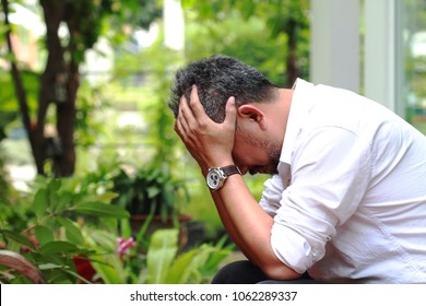 Image Of Elderly Stressed Man Facepalm Or Cover His Face By Hands.4os Or 50s Man Depressed,or May Suffering From Headaches And Migraine As Of Menopause In Men,get Trouble In His Life