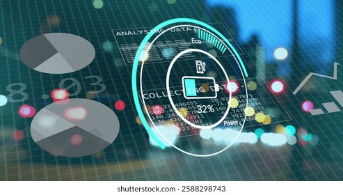 Image of electric car charging interface and data charts over city lights. Network, data, processing, digital interface, transport, energy and communication, digitally generated image.