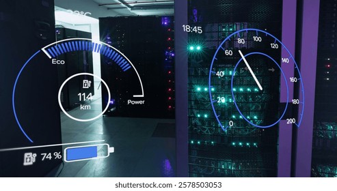 Image of electric car dashboard and data processing over computer servers. Global connections, computing and data processing concept digitally generated image.
