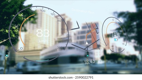 Image of electric car dashboard over city. Global environment, connections, computing and data processing concept digitally generated image.