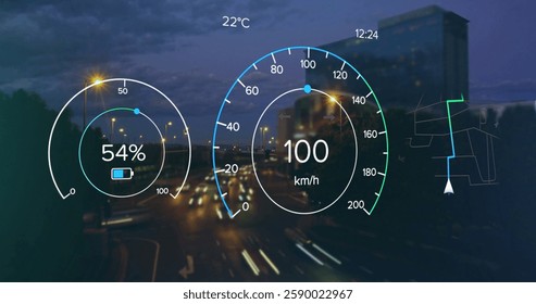 Image of electric car dashboard over city. Global environment, connections, computing and data processing concept digitally generated image.