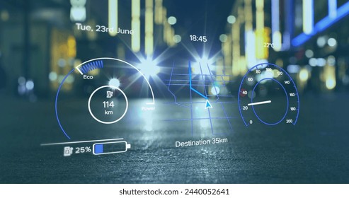 Image of electric car speedometer data processing over city. Global car travel, business, finances, computing and data processing concept digitally generated image. - Powered by Shutterstock - Get 15% off with code: PIKWIZARD15