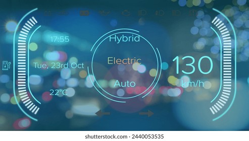 Image of electric car speedometer data processing over city. Global car travel, business, finances, computing and data processing concept digitally generated image.