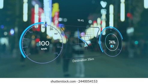 Image of electric car speedometer data processing over city. Global car travel, business, finances, computing and data processing concept digitally generated image. - Powered by Shutterstock - Get 15% off with code: PIKWIZARD15
