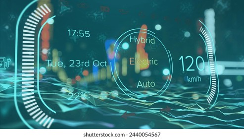 Image of electric car speedometer data processing over city. Global car travel, business, finances, computing and data processing concept digitally generated image.