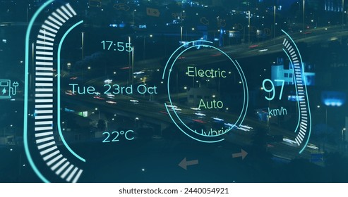 Image of electric car speedometer data processing over city. Global car travel, business, finances, computing and data processing concept digitally generated image.