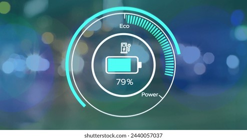 Image of electric car speedometer data processing over city. Global car travel, business, finances, computing and data processing concept digitally generated image.