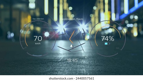 Image of electric car speedometer data processing over city. Global electric car travel, business, finances, computing and data processing concept digitally generated image.