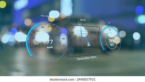 Image of electric car speedometer data processing over city. Global electric car travel, business, finances, computing and data processing concept digitally generated image.