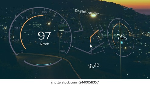 Image of electric car speedometer data processing over city. Global electric car travel, business, finances, computing and data processing concept digitally generated image.