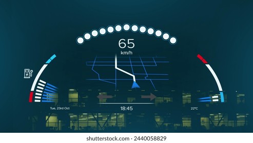 Image of electric car speedometer data processing over city. Global electric car travel, business, finances, computing and data processing concept digitally generated image.
