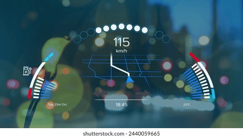 Image of electric car speedometer data processing over city. Global electric car travel, business, finances, computing and data processing concept digitally generated image.