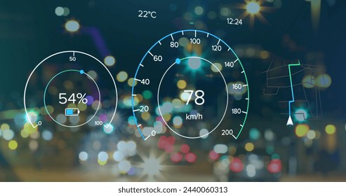 Image of electric car speedometer data processing over city. Global electric car travel, business, finances, computing and data processing concept digitally generated image.