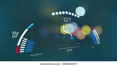 Image of electric car speedometer data processing over city. Global electric car travel, business, finances, computing and data processing concept digitally generated image. - Powered by Shutterstock - Get 15% off with code: PIKWIZARD15