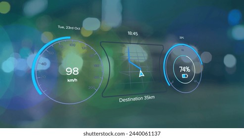 Image of electric car speedometer data processing over city. Global electric car travel, business, finances, computing and data processing concept digitally generated image.
