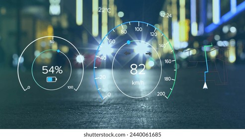 Image of electric car speedometer data processing over city. Global electric car travel, business, finances, computing and data processing concept digitally generated image.