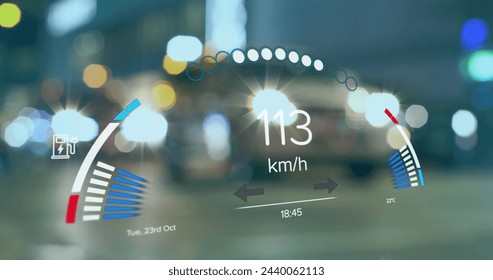 Image of electric car speedometer data processing over city. Global electric car travel, business, finances, computing and data processing concept digitally generated image.