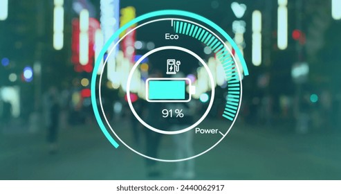 Image of electric car speedometer data processing over city. Global electric car travel, business, finances, computing and data processing concept digitally generated image.