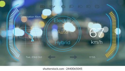 Image of electric car speedometer data processing over city. Global electric car travel, business, finances, computing and data processing concept digitally generated image.