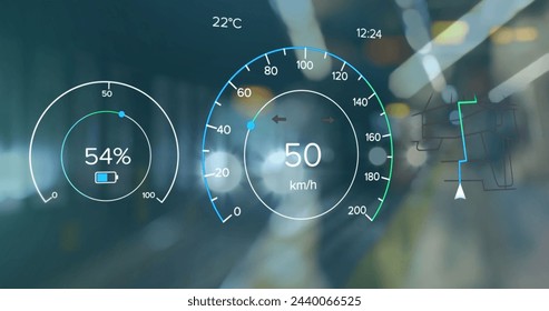 Image of electric car speedometer data processing over city. Global electric car travel, business, finances, computing and data processing concept digitally generated image.