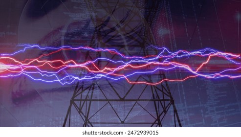 Image of electricity waves and eye of caucasian woman over electricity poles at sunset. Energy, electricity, finance and economy concept digitally generated image. - Powered by Shutterstock