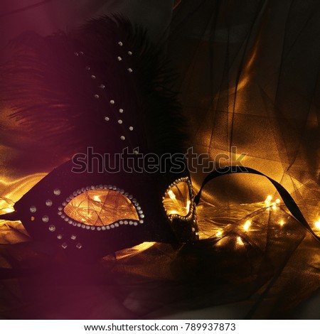 Image of elegant dramatic black venetian mask over tulle background